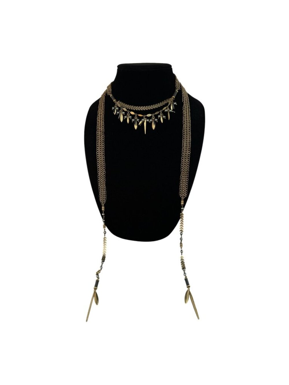 Stella & Dot Laurel Lariat Necklace Gold Tone Statement Leaf & Gem Charm Layered